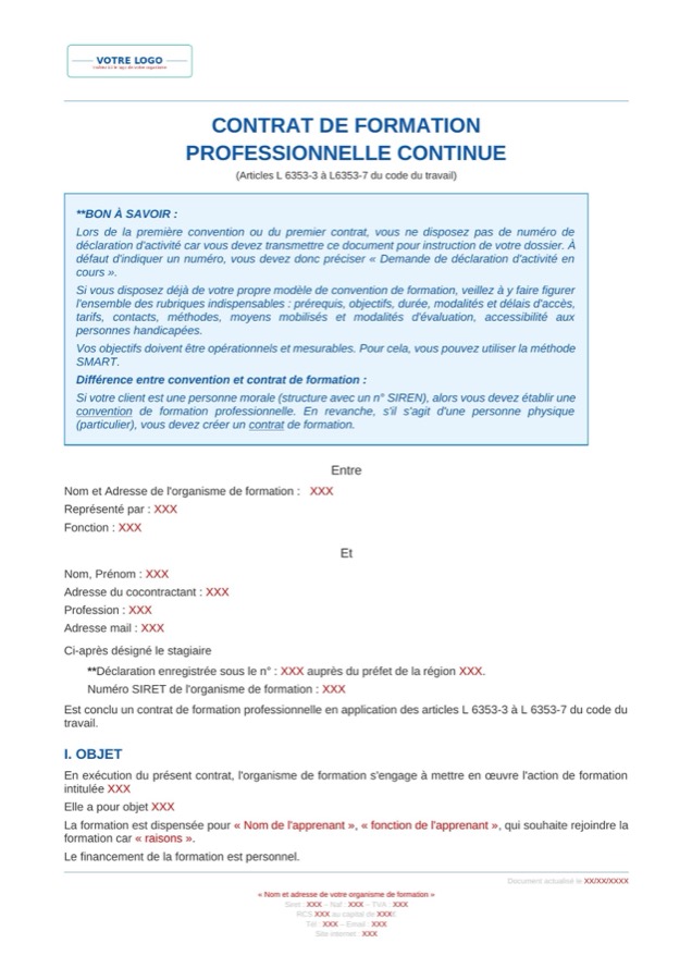 Contrat de formation professionnelle - Modèle Qualiopi
