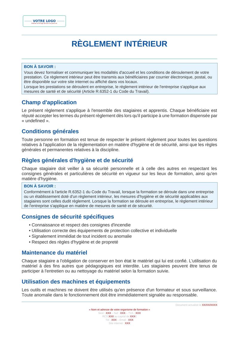Règlement intérieur - Modèle Qualiopi